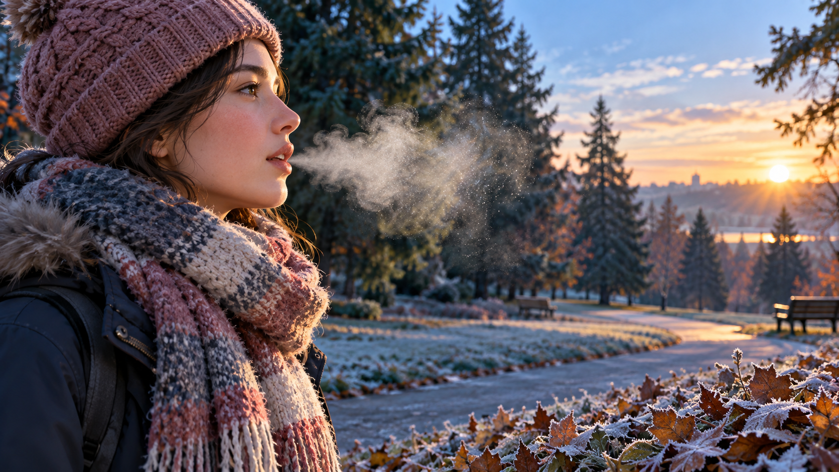 A person breathing a small misty cloud into cold morning air beside dark winter trees