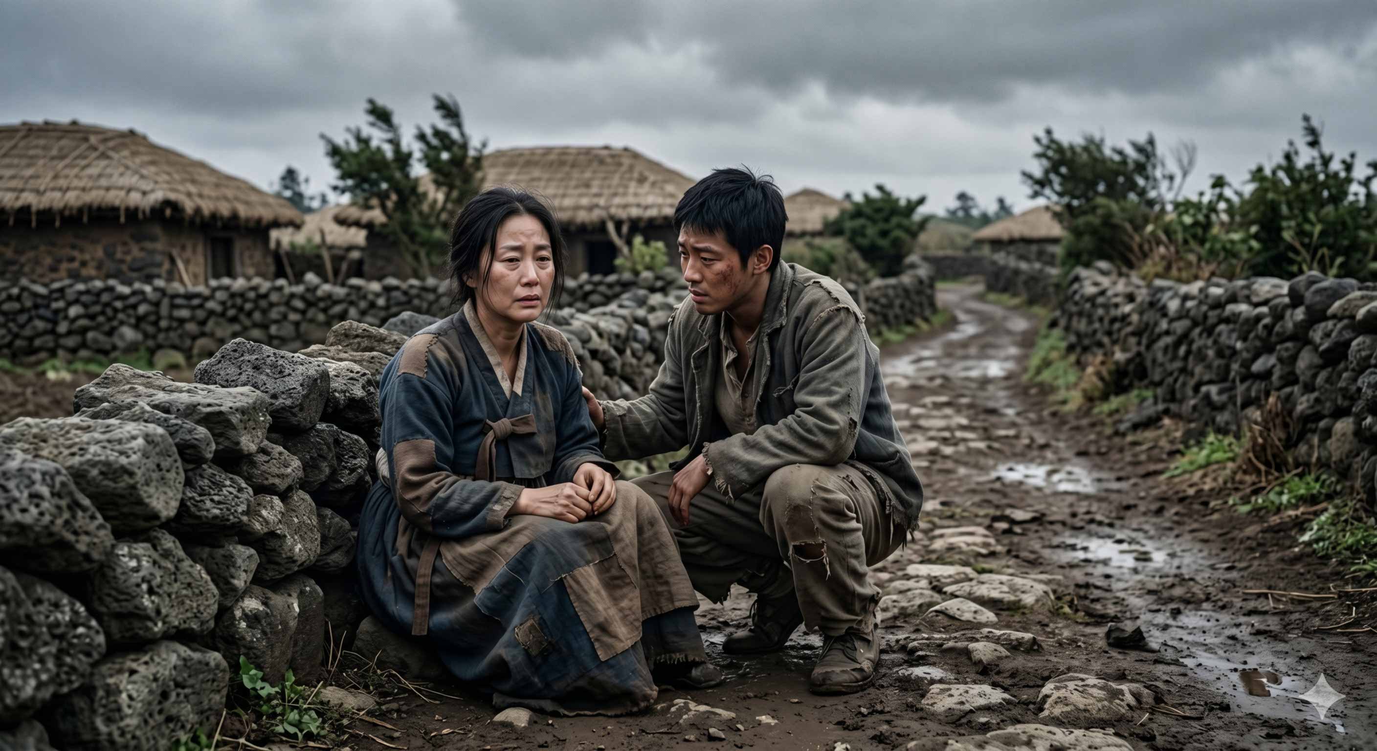 1940년대 제주의 돌담길을 배경으로, 낡은 무명옷을 입고 눈물이 고인 채 멍하니 허공을 응시하는 중년 여성과 그녀를 곁에서 지켜보는 앳된 청년의 슬프고도 먹먹한 영화 속 한 장면