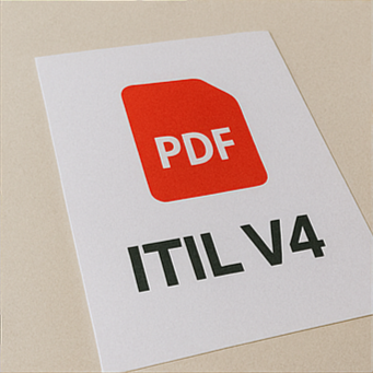 클립보드에 끼워진 ITIL 프레임워크 문서, 갈색 서류봉투에 담긴 ITIL 매뉴얼, 전자책 양식으로 표현된 ITIL PDF