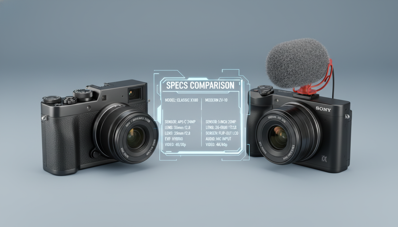 캐논 G7X Mark3와 소니 ZV-1의 스펙 비교를 위해 나란히 배치된 두 대의 브이로그 카메라