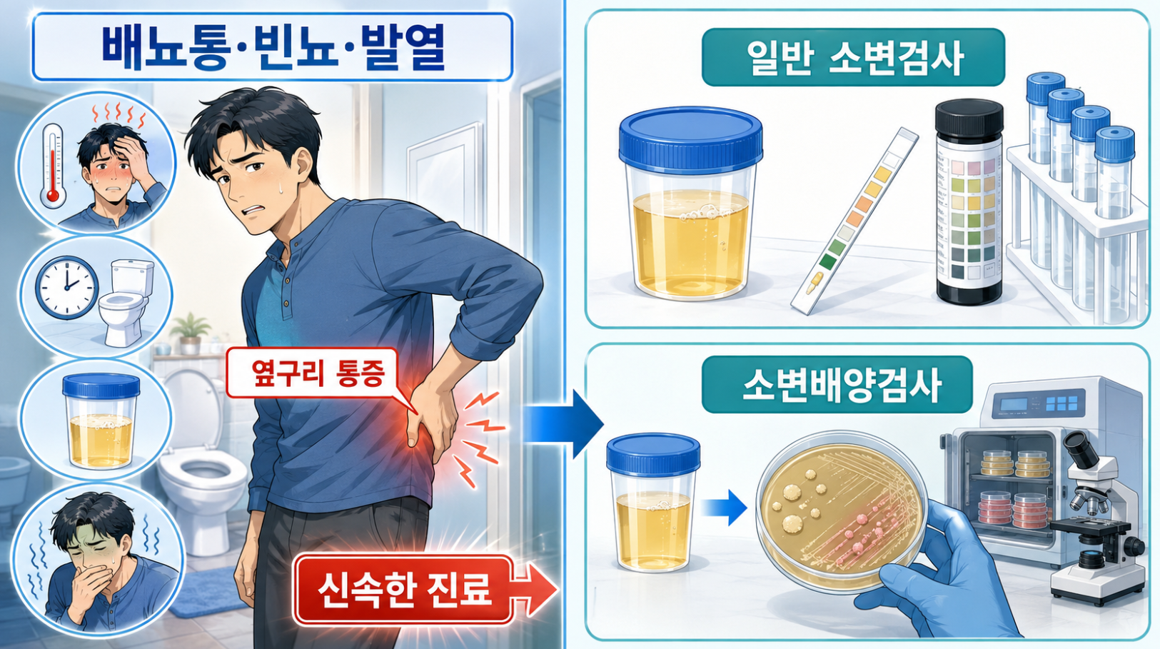 거품뇨와 배뇨통·빈뇨·발열·옆구리 통증에서 일반 소변검사와 소변배양검사를 설명하는 이미지