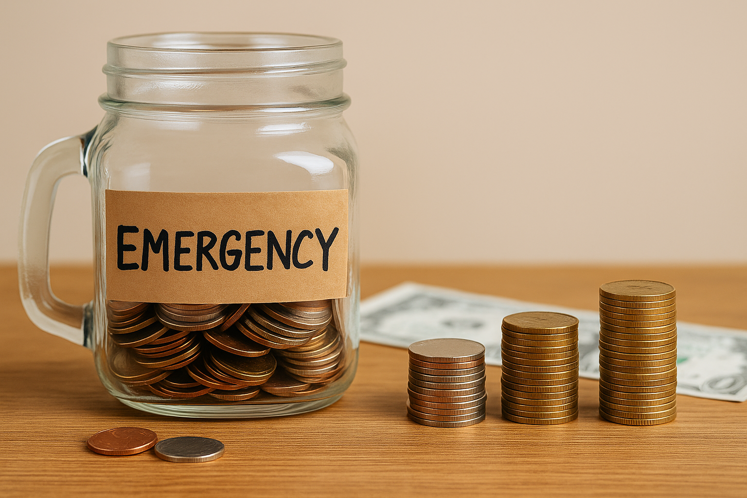 노트와 연필이 놓여 있어 계획적인 저축과 비상금 마련의 분위기를 자연스럽게 연출