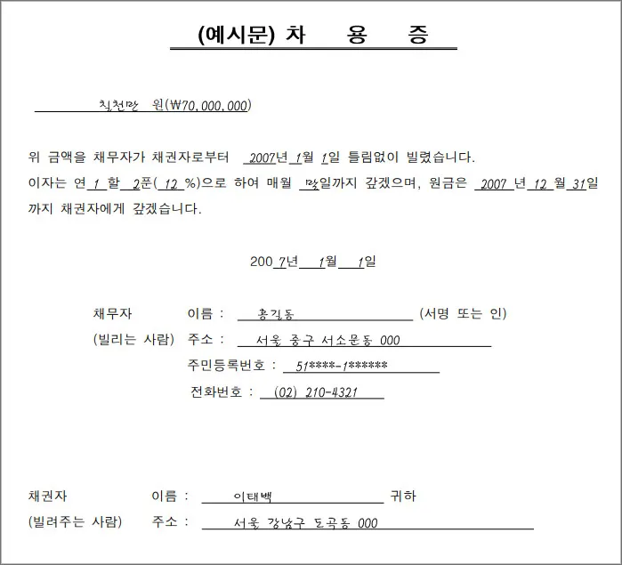 차용증-예시문