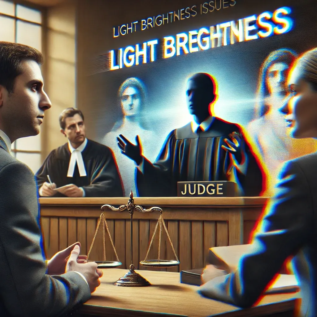 법정에서 빛 밝기 문제를 두고 변호사들과 함께 논쟁하는 두 사람. 판사가 상황을 주의 깊게 관찰하고 있으며, 배경에는 나무 가구와 법률 서적이 보임.