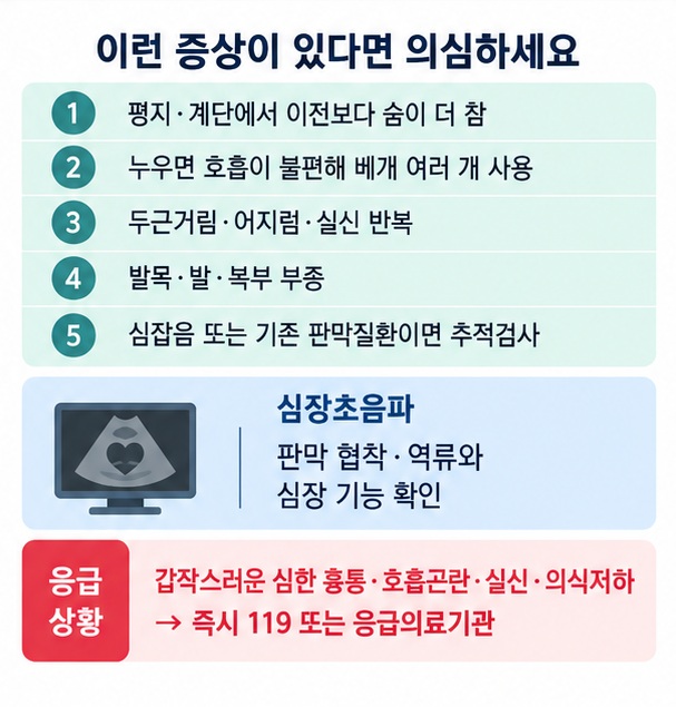 심장판막증에서 심장초음파가 필요한 상황과 심한 흉통 호흡곤란 실신 등 응급 신호를 정리한 이미지