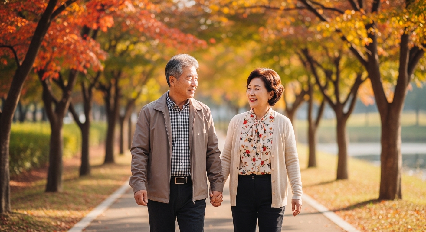 공원 산책로를 나란히 걸으며 대화하는 60대 부부의 뒷모습