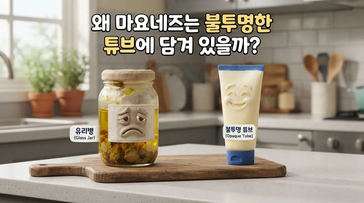왜 마요네즈는 불투명한 튜브 용기에 담겨 있을까? - 투명 유리병과 불투명 플라스틱 튜브의 신선도 유지 차이를 비교한 클레이 스톱모션 인포그래픽