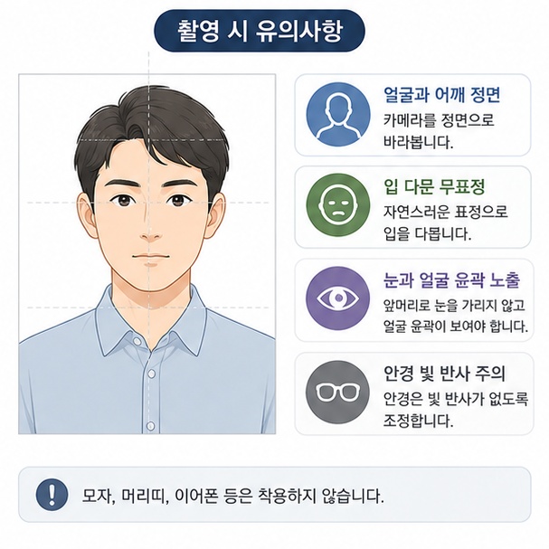 얼굴과 어깨를 정면으로 하고 입을 다문 무표정과 눈 및 얼굴 윤곽 노출 기준을 보여주는 그림