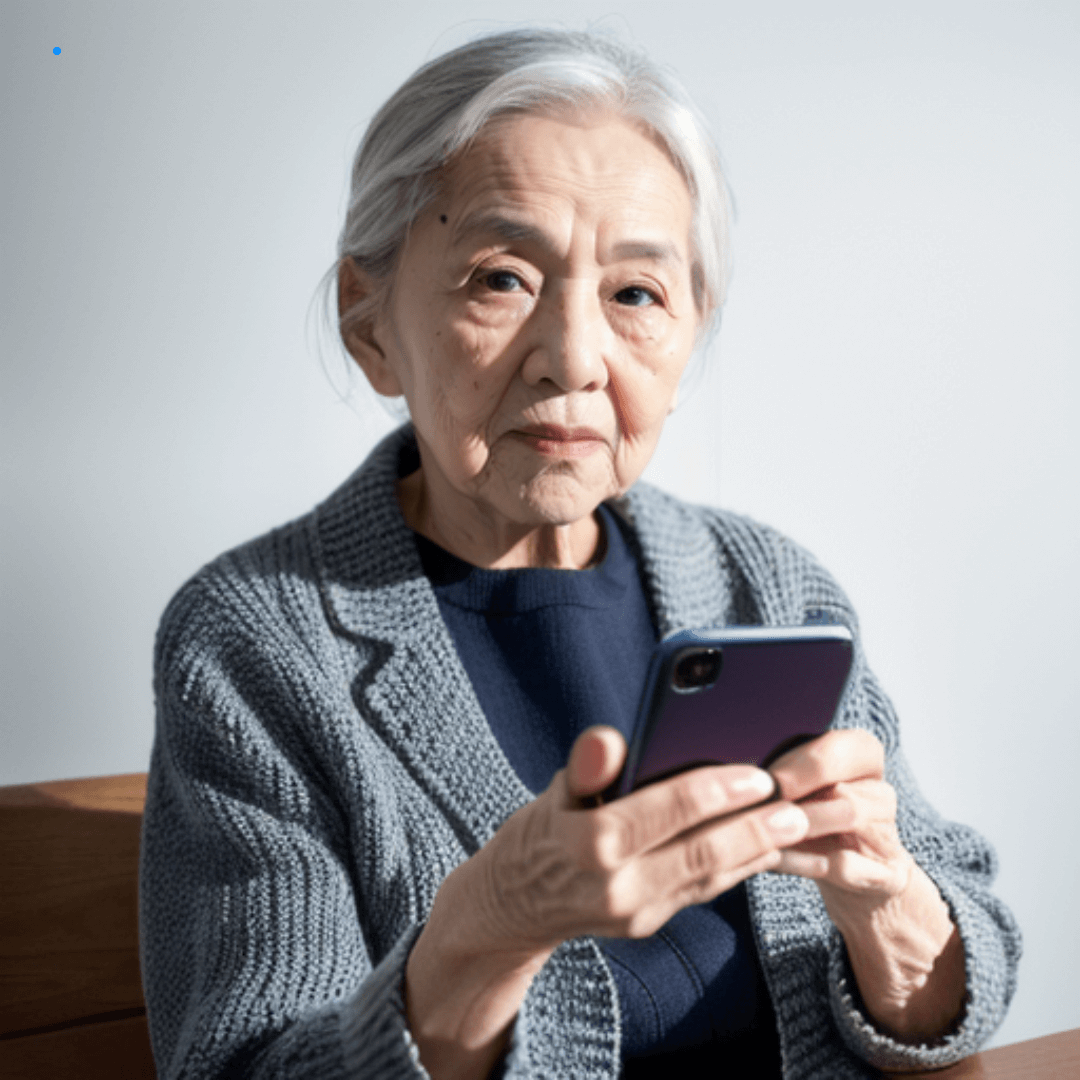 노년 여성이 스마트폰을 두 손으로 잡고 바라보는 장면
