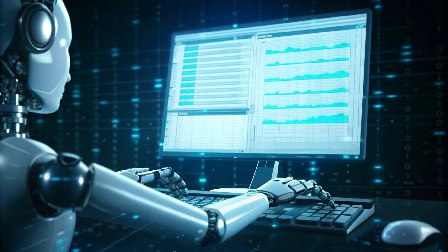 미래형 사이버 공간을 배경으로 인공지능 로봇이 컴퓨터 앞에서 데이터를 분석하고 있는 장면으로, 모니터에는 그래프와 표가 표시되어 있고 로봇 손이 키보드를 조작하는 모습이 강조된 이미지.