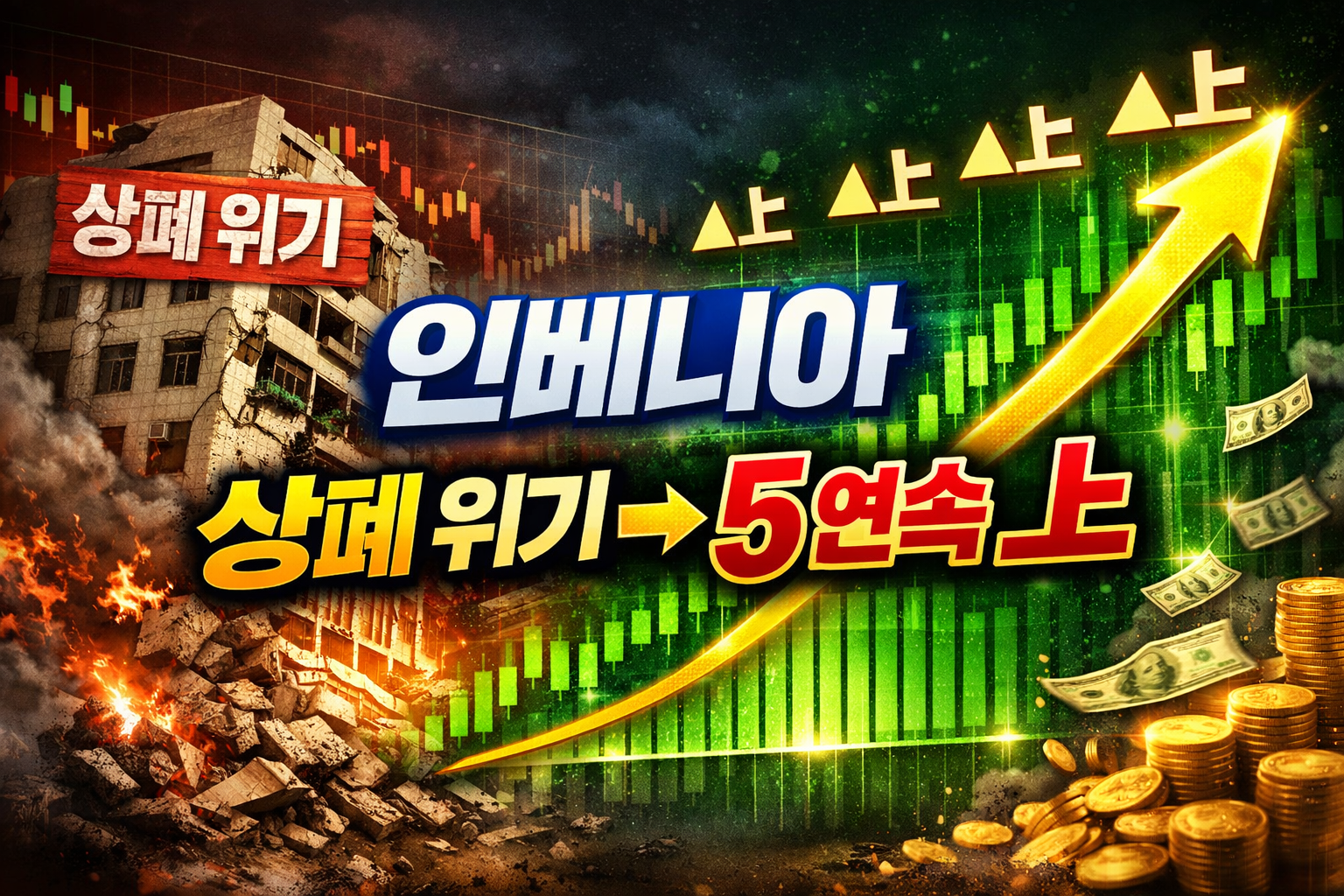 인베니아 연속 상한가와 상장폐지 위기 탈출을 상징하는 주가 급등 차트 이미지