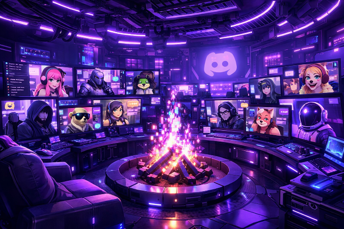 보라색 조명의 사이버 벙커에서 소통하는 아바타들.