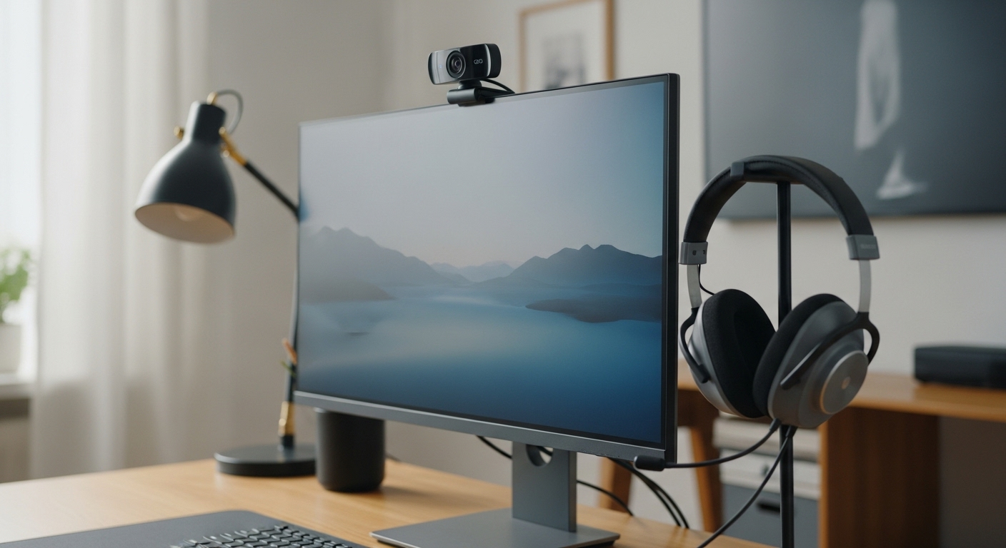 선명한 화상회의를 위한 웹캠과 헤드셋이 놓인 깔끔한 재택근무 책상.