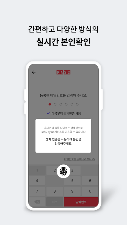 PASS by U+ 앱, PASS인증서, 간편 본인확인, 인증내역 조회
