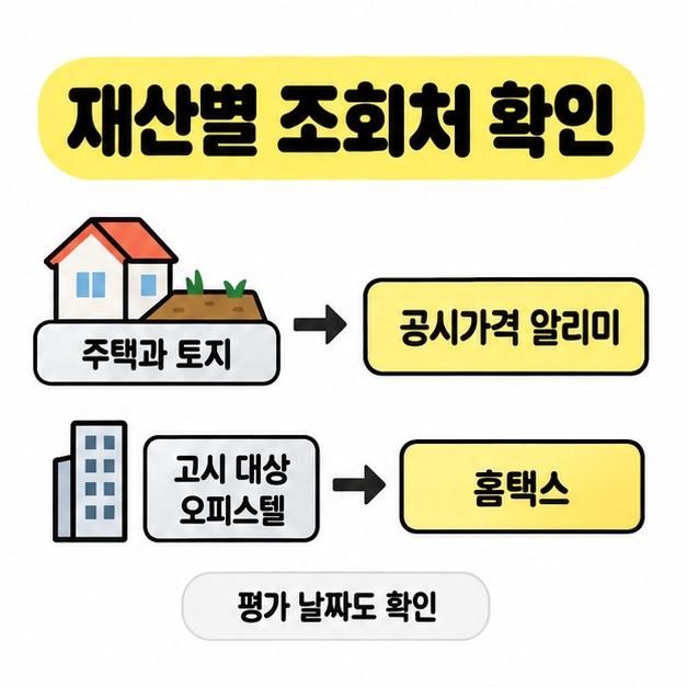 주택과 토지는 공시가격 알리미, 고시 대상 오피스텔은 홈택스에서 조회하고 평가 날짜도 확인하도록 안내한 도식