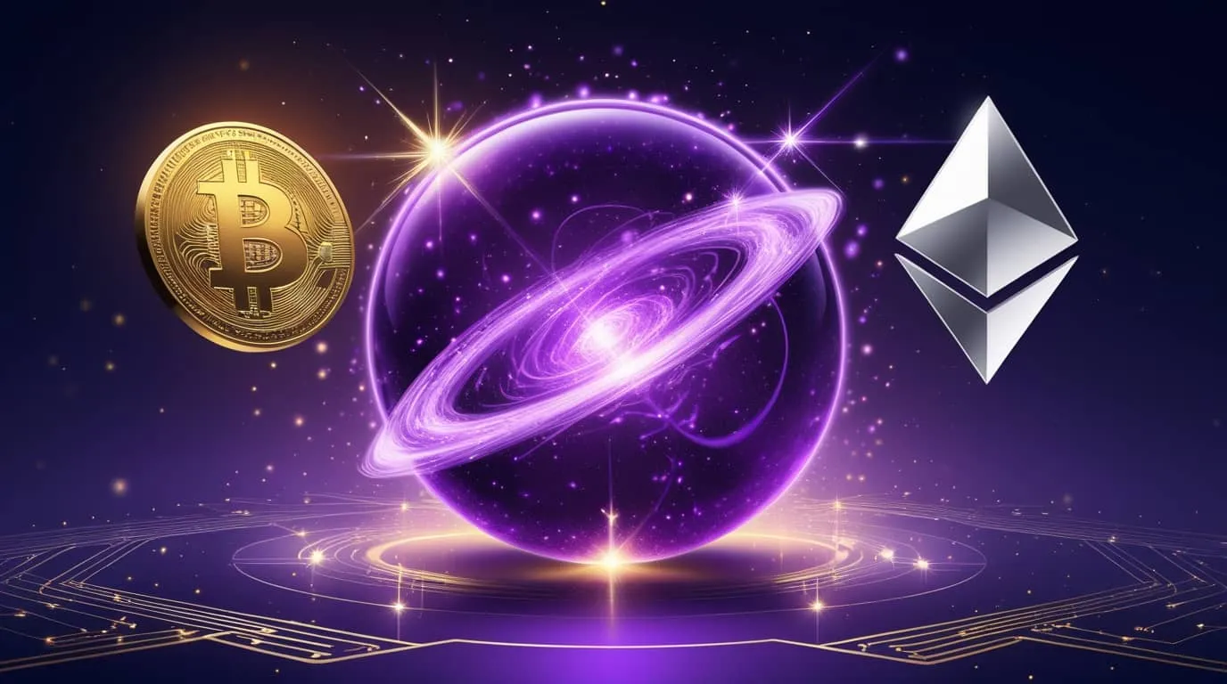 퀀텀코인 QTUM: 비트코인과 이더리움을 연결하는 하이브리드 코인의 위상을 상징적으로 시각화한 이미지.