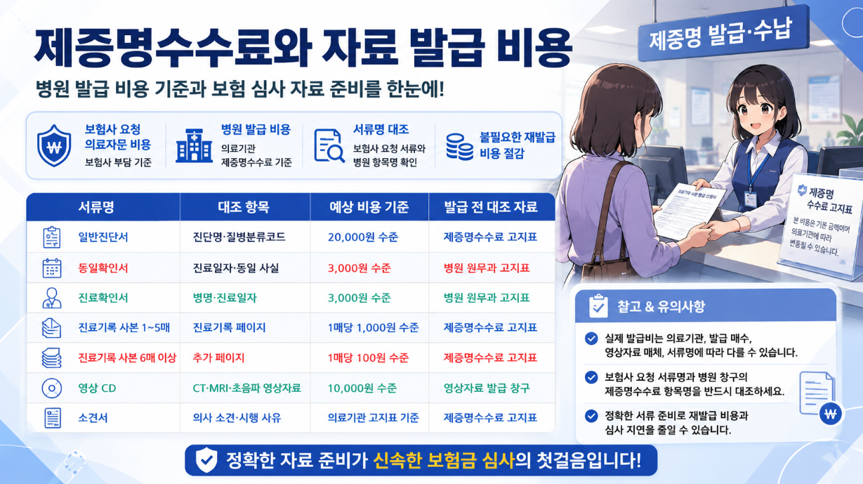 제증명수수료와 자료 발급 비용을 정리한 가로형 인포그래픽으로, 진단서&middot;통원확인서&middot;진료확인서&middot;진료기록 사본&middot;영상 CD&middot;소견서의 예상 비용 기준과 발급 전 대조 자료를 표로 정리하고 병원 창구 장면을 담은 이미지