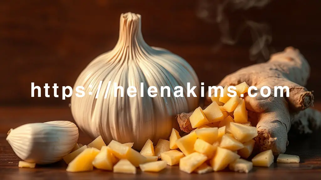 따뜻하고 아늑한 조명 아래, 신선한 통마늘과 잘게 썬 생강 조각들이 섬세하게 연출 되어 있는 이미지.