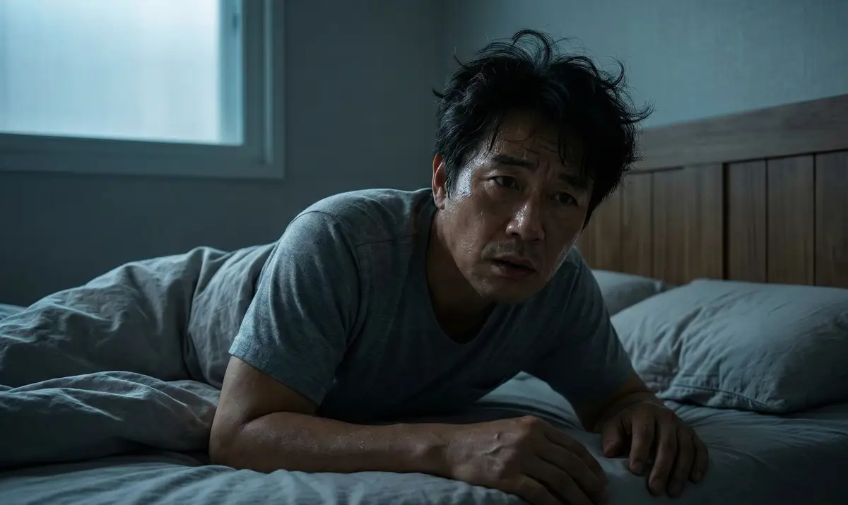 침실에서 식은땀을 흘리며 악몽에서 깨어난 남성의 모습, 꿈해몽 마누라 바람핀 꿈 상징