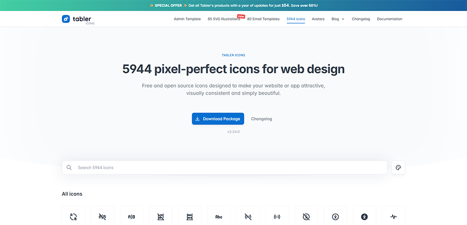 Tabler Icons 사이트 메인 화면