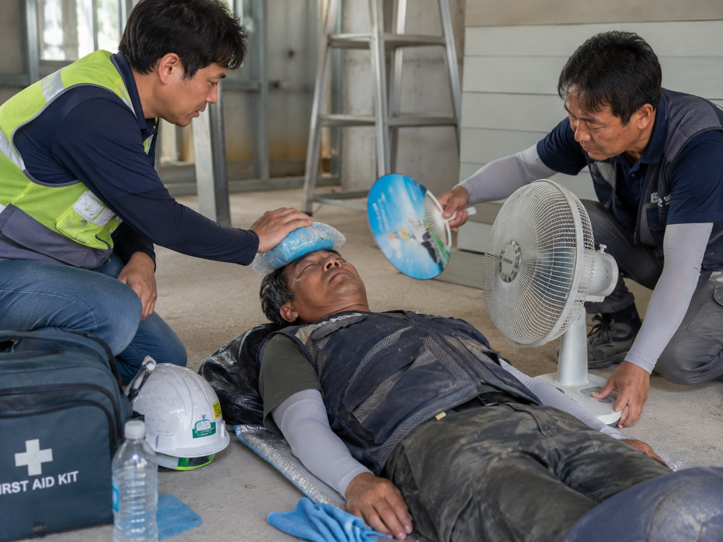 온열 환자의 체온 낮추려고 환자의 머리에 아이스팩 주머니를 얹고 선풍기와 부채로 바람 쐐주는 동료들의 모습
