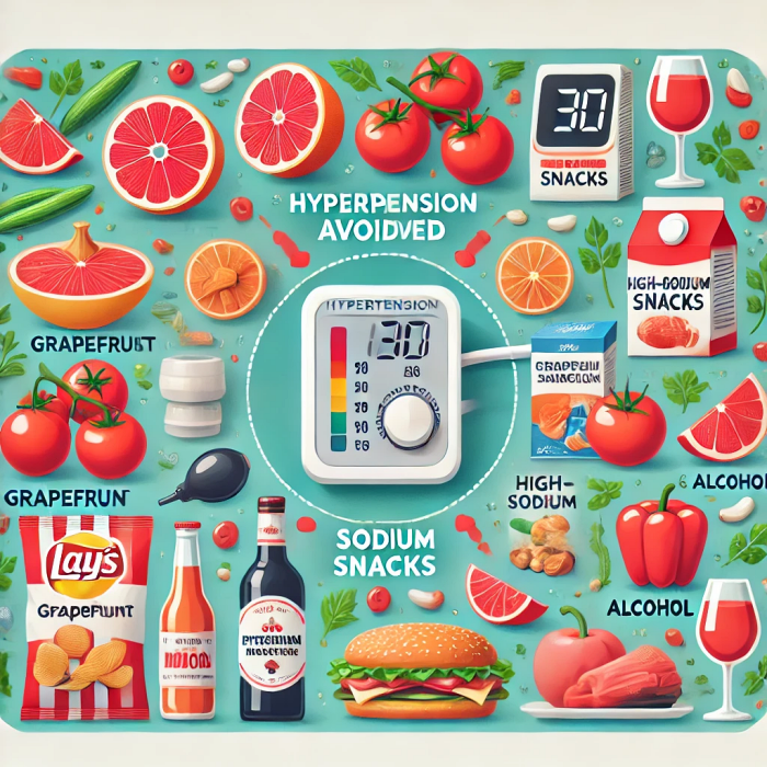 혈압약 복용 중 피해야 할 자몽&amp;#44; 고염분 간식&amp;#44; 알코올 등 음식들을 보여주는 상세한 인포그래픽