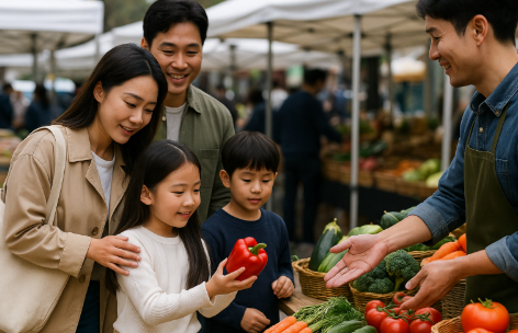 전통시장에서 파프리카를 보고 있는 가족