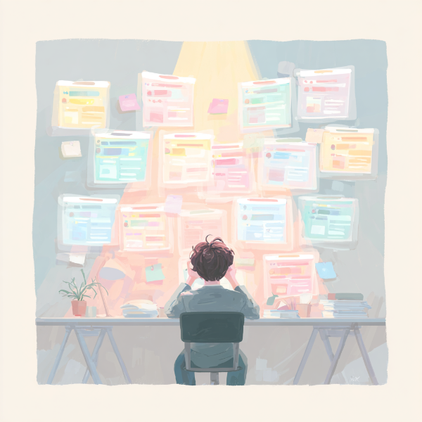 너무 많은 추천 목록 때문에 고민하는 사람을 표현한 감성 일러스트