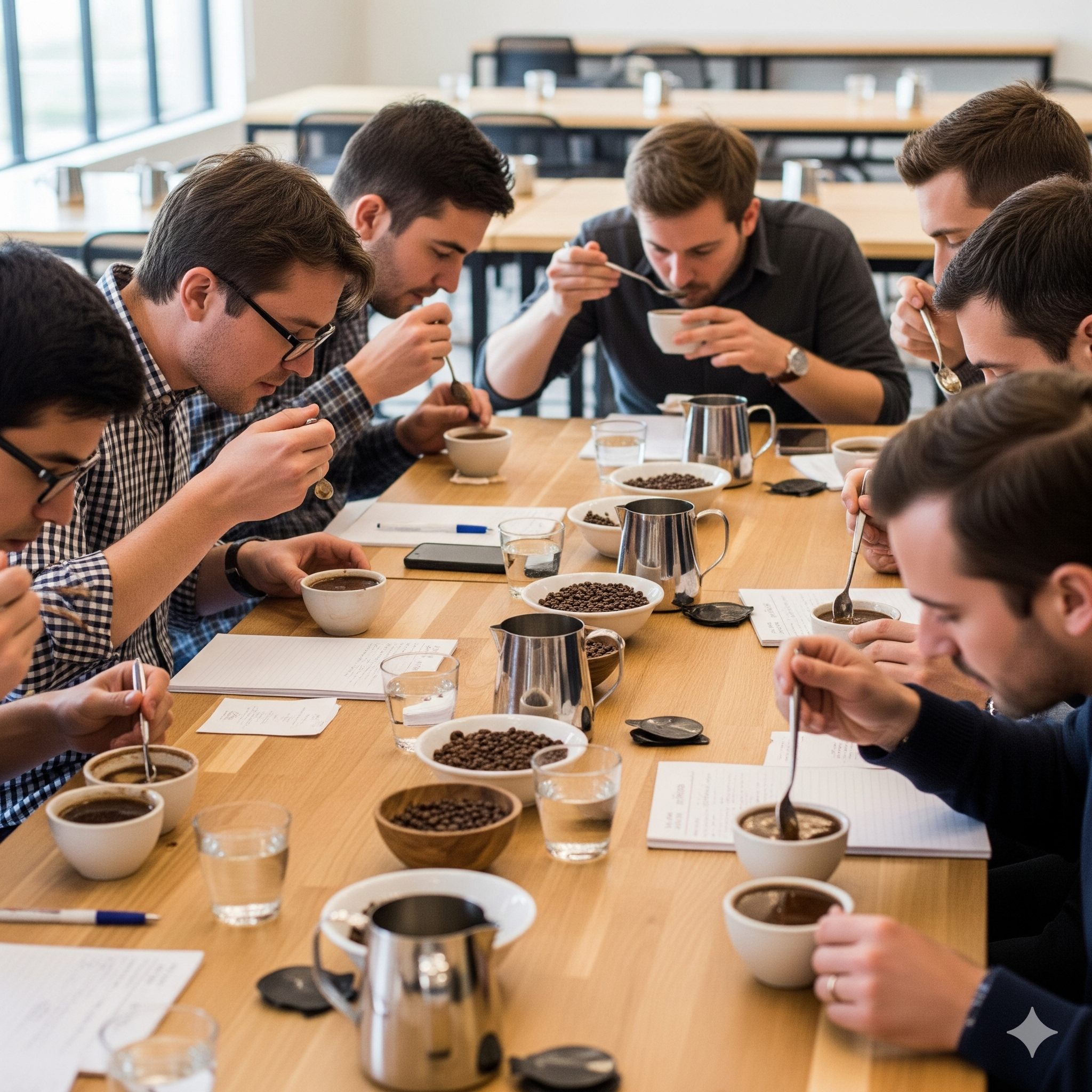커피 커핑 세션에서 사람들이 커피를 시음하는 이미지 (이미지 생성:google)