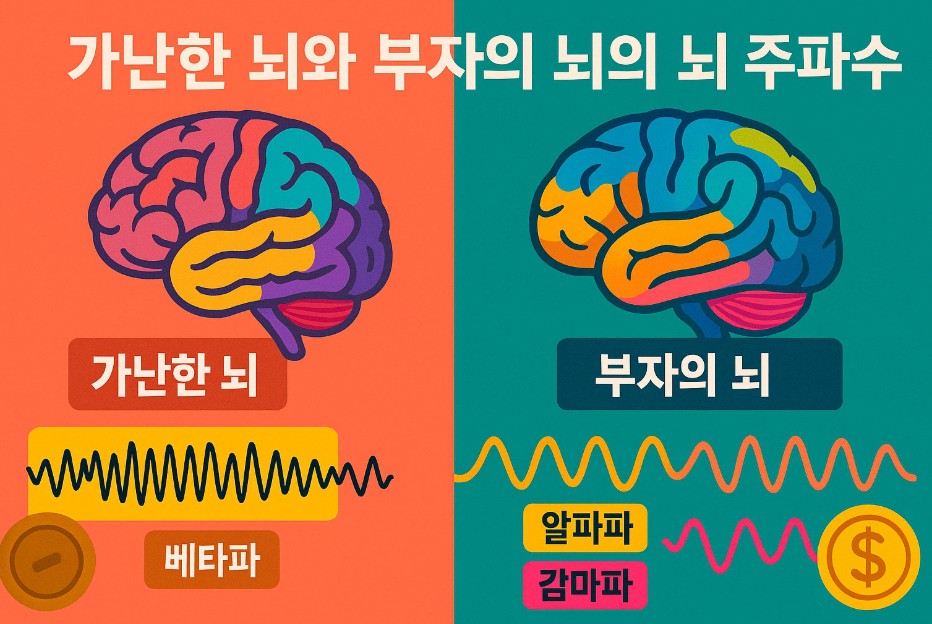이 이미지는 가난한 뇌와 부자의 뇌를 시각적으로 비교하며, 뇌파 주파수의 차이와 감정 상태를 다채로운 색상으로 표현하고 있다. 배경과 요소들은 고주파와 저주파, 스트레스와 창의성 간의 대비를 상징적으로 전달하여 뇌파 구조의 차이를 쉽게 이해할 수 있도록 돕는다.