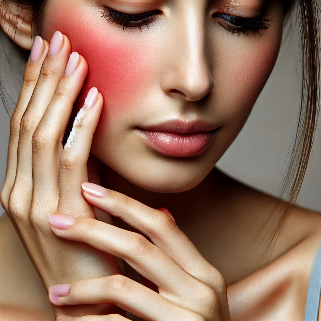얼굴 피부 가려움증으로 인해 자극받고 붉어진 피부를 만지고 있는 여성의 모습, 피부 가려움증으로 인한 불편함을 강조