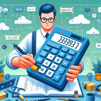 큰 계산기를 들고 있는 인물, 숫자와 기호가 펼쳐짐