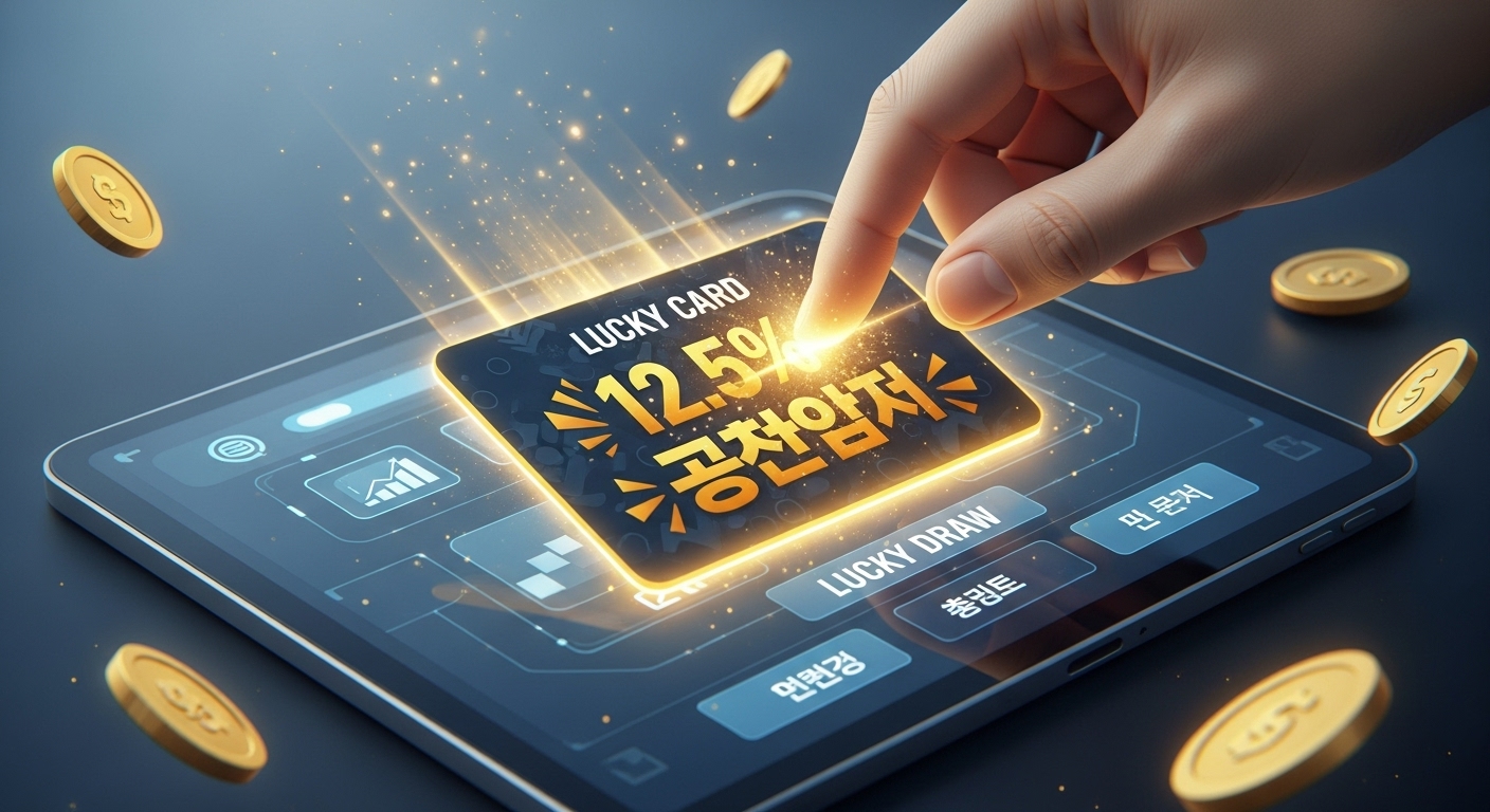 행운카드를 긁어 연 12.5% 우대금리에 당첨되는 순간을 표현한 역동적인 이미지.