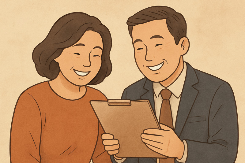 자격증 서류를 함께 검토하며 웃고 있는 40대 남성과 여성의 모습