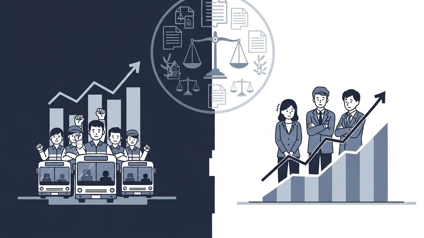 통상임금 인상률 12.85%를 주장하는 노조와 10%대를 제시하는 사측의 대립을 보여주는 이미지.