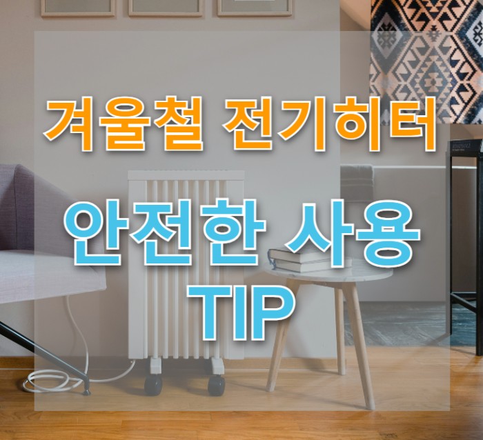 전기히터가 놓인 거실 사진에 '겨울철 전기히터 안전한 사용 TIP' 문구