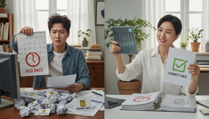 오래된 서류와 누락된 정보로 인해 frustation을 겪는 한국인과 최신 정보와 완벽하게 준비된 서류로 안심하는 한국인을 보여주는 이미지. 흔한 서류 준비 실수를 피하는 중요성을 나타냅니다.