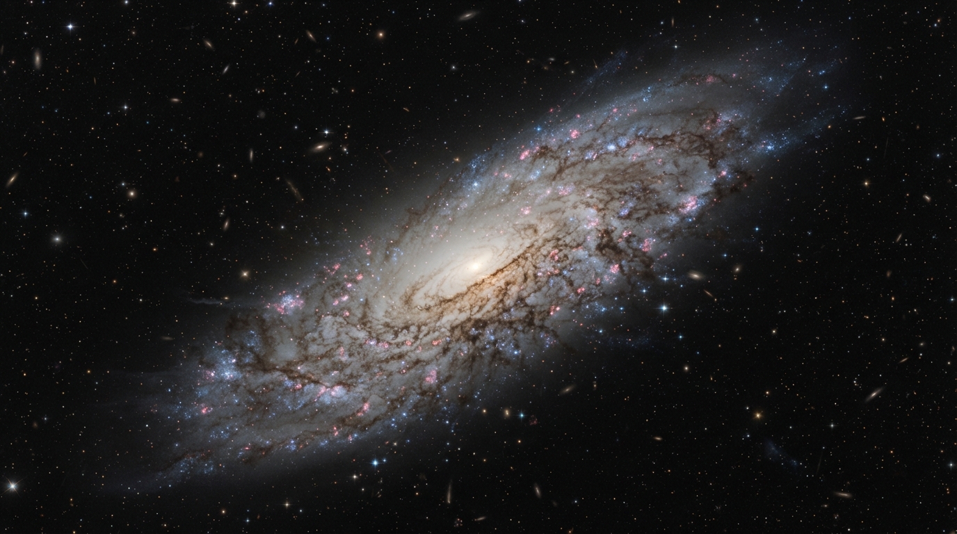 먼지 띠가 얼룩진 채 비스듬히 누운 조각가자리 은하 NGC 253