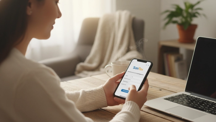 스마트폰 '손택스' 앱으로 근로장려금을 신청하는 사람의 모습, 희망과 경제적 지원을 상징하는 따뜻한 분위기.