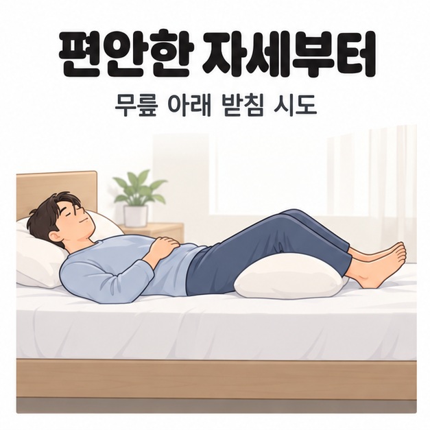 편안한 자세부터 문구 아래 남성이 침대에 바로 누워 굽힌 무릎 아래에 베개를 받치고 쉬는 모습