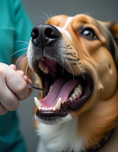 구강 질환 치료를 받는 강아지