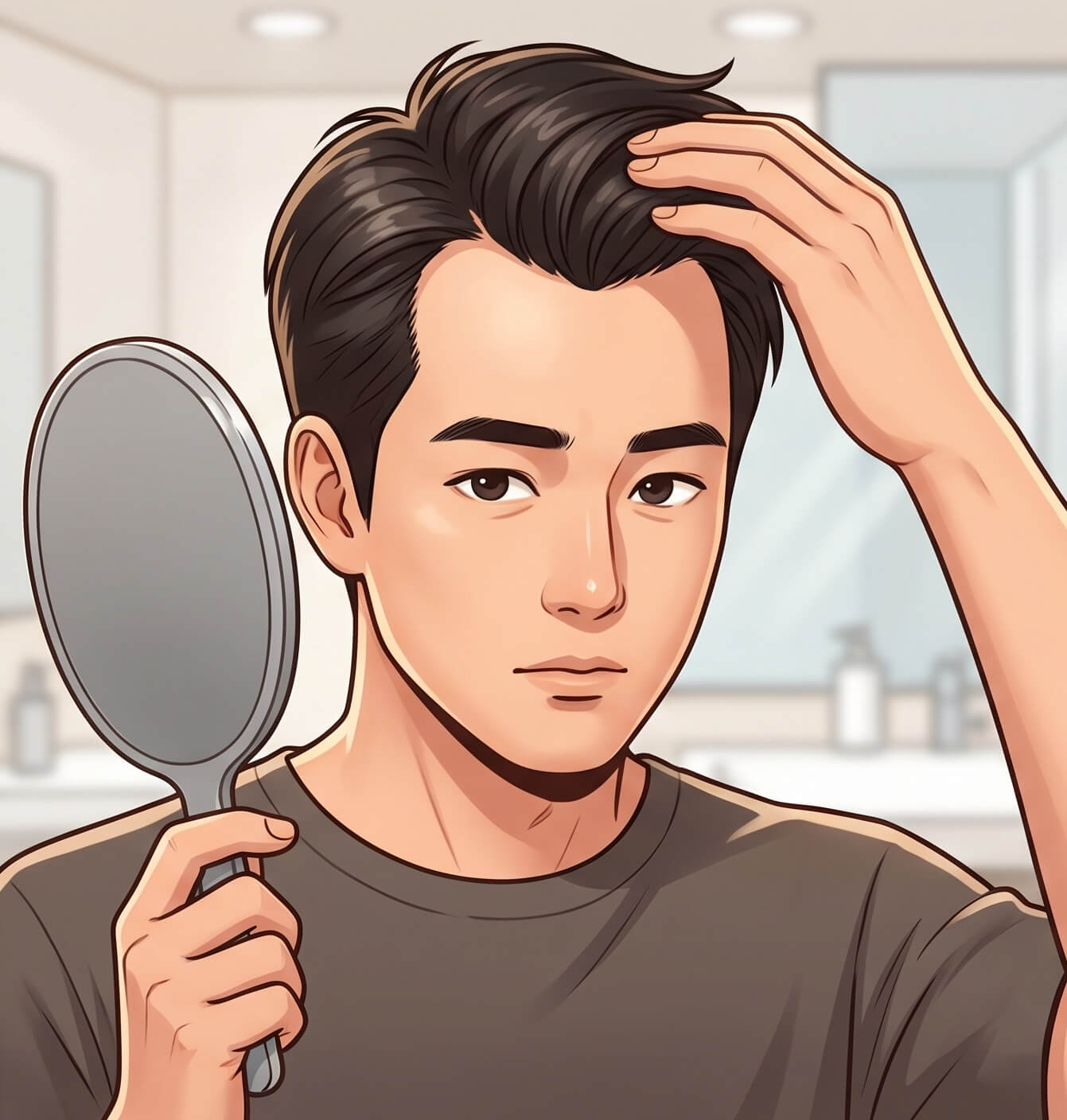 손거울을 보며 머리 m자 라인 확인중
