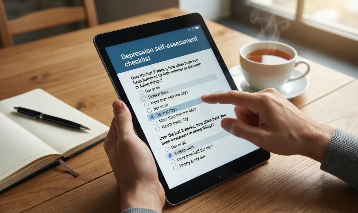 온라인 우울증 자가진단 테스트를 진행하며 자신의 마음 상태를 점검하는 모습