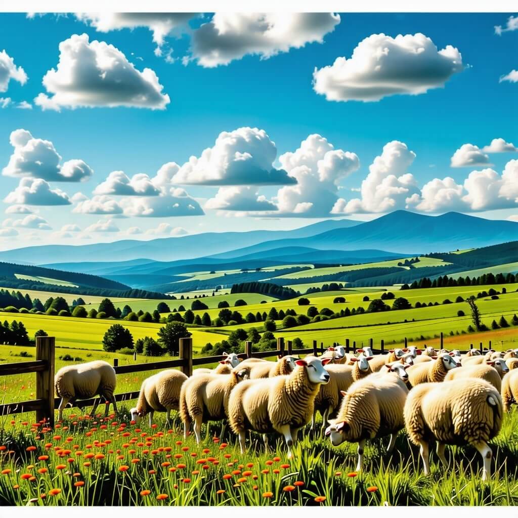 대관령 양떼목장에서의 양떼와 자연 경관