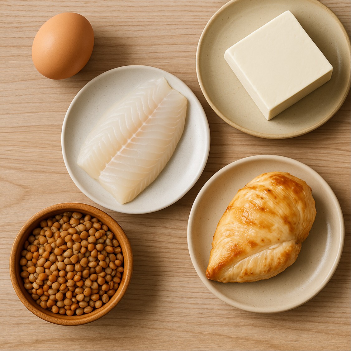 알부민 음식으로 활용되는 달걀 흰살생선 두부 닭가슴살 렌틸콩을 담은 고단백 식품 이미지