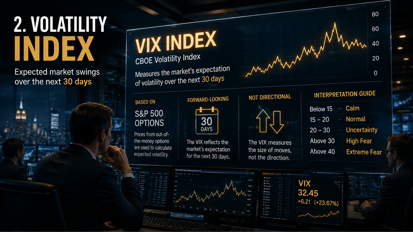 VIX volatility index calculated from S&amp;P 500 options and future market expectations.