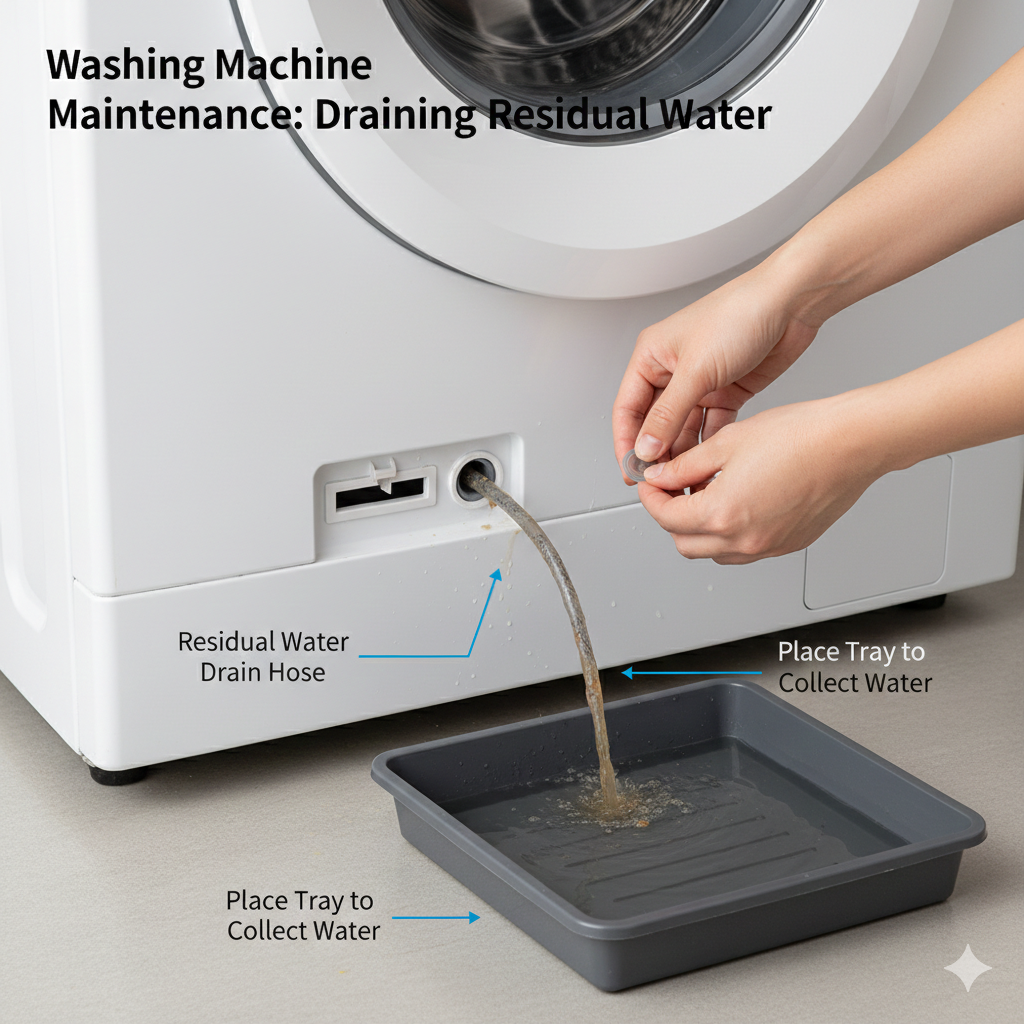 세탁기 하단 잔수 제거 호스를 통해 오염된 물을 빼내는 관리 가이드