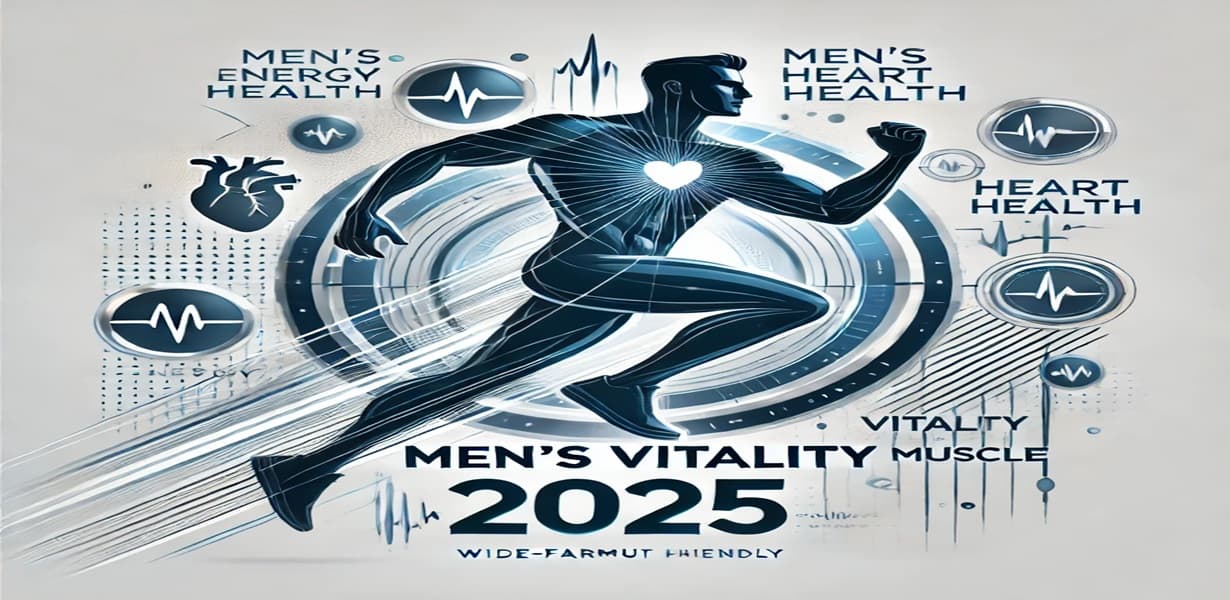 남성 건강을 상징하는 실루엣과 에너지, 심혈관, 근육을 나타내는 추상 아이콘이 있는 2025년 스타일 이미지