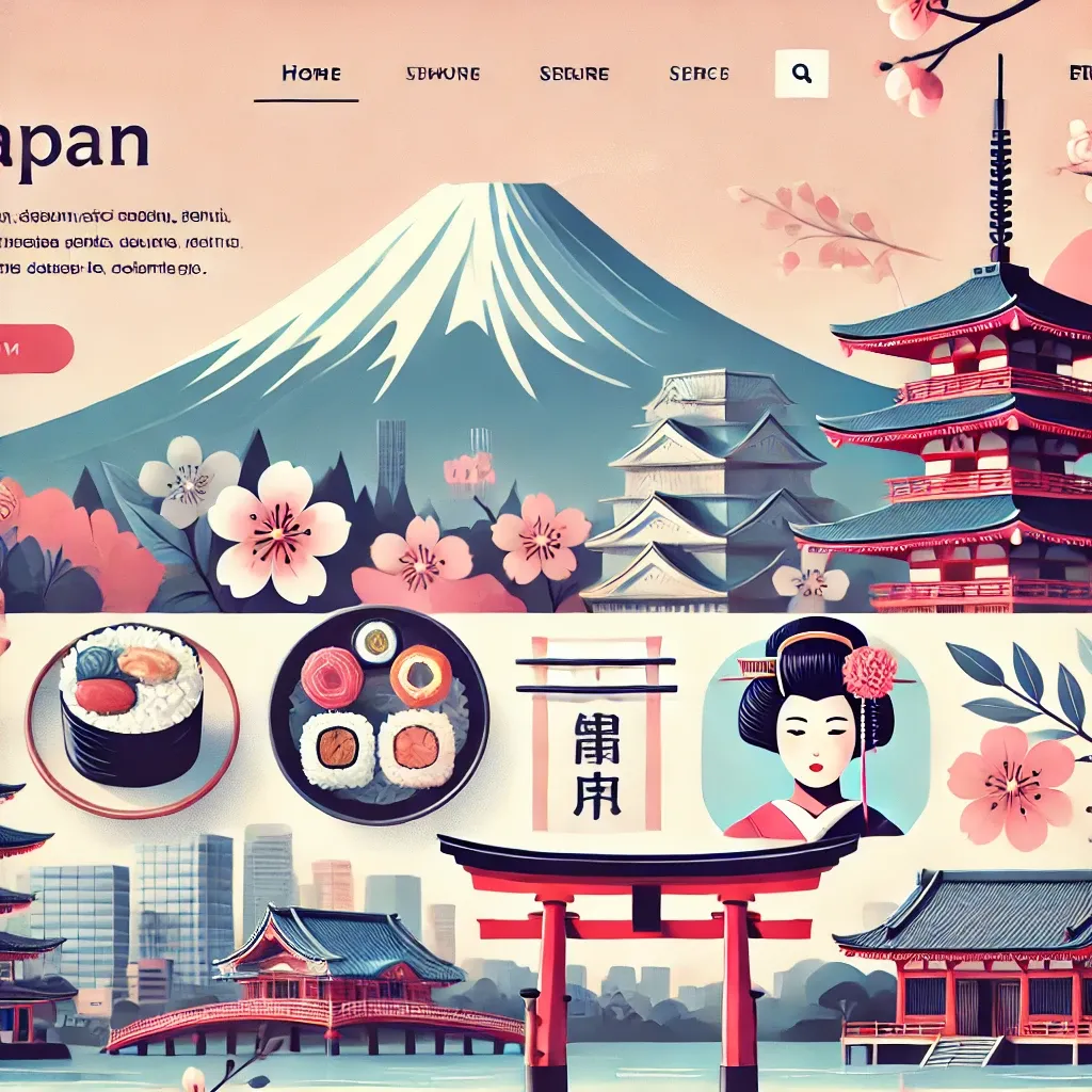 일본 여행 테마의 웹페이지 디자인, 벚꽃, 후지산, 신사, 현대적인 도쿄 도시 경관 등이 포함된 이미지.
