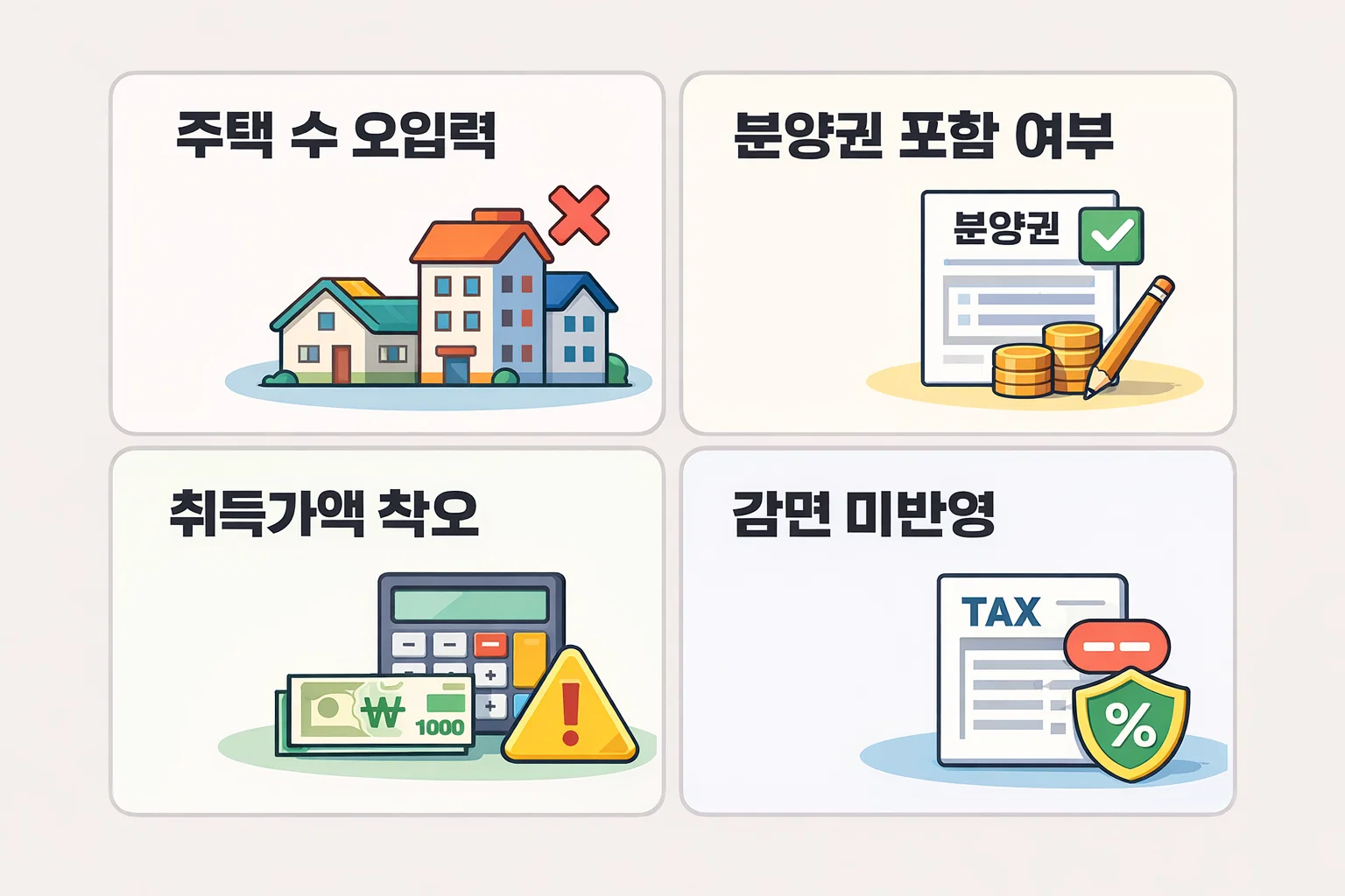 주택 수 오입력, 분양권 포함 여부 등 취득세 등록세 계산 시 발생하기 쉬운 오류와 감면 미반영 사례를 정리한 안내 이미지